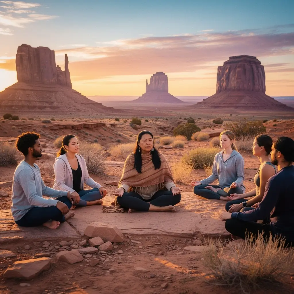 Панорамный вид на Монумент Вэлли с ярким небом на фоне.