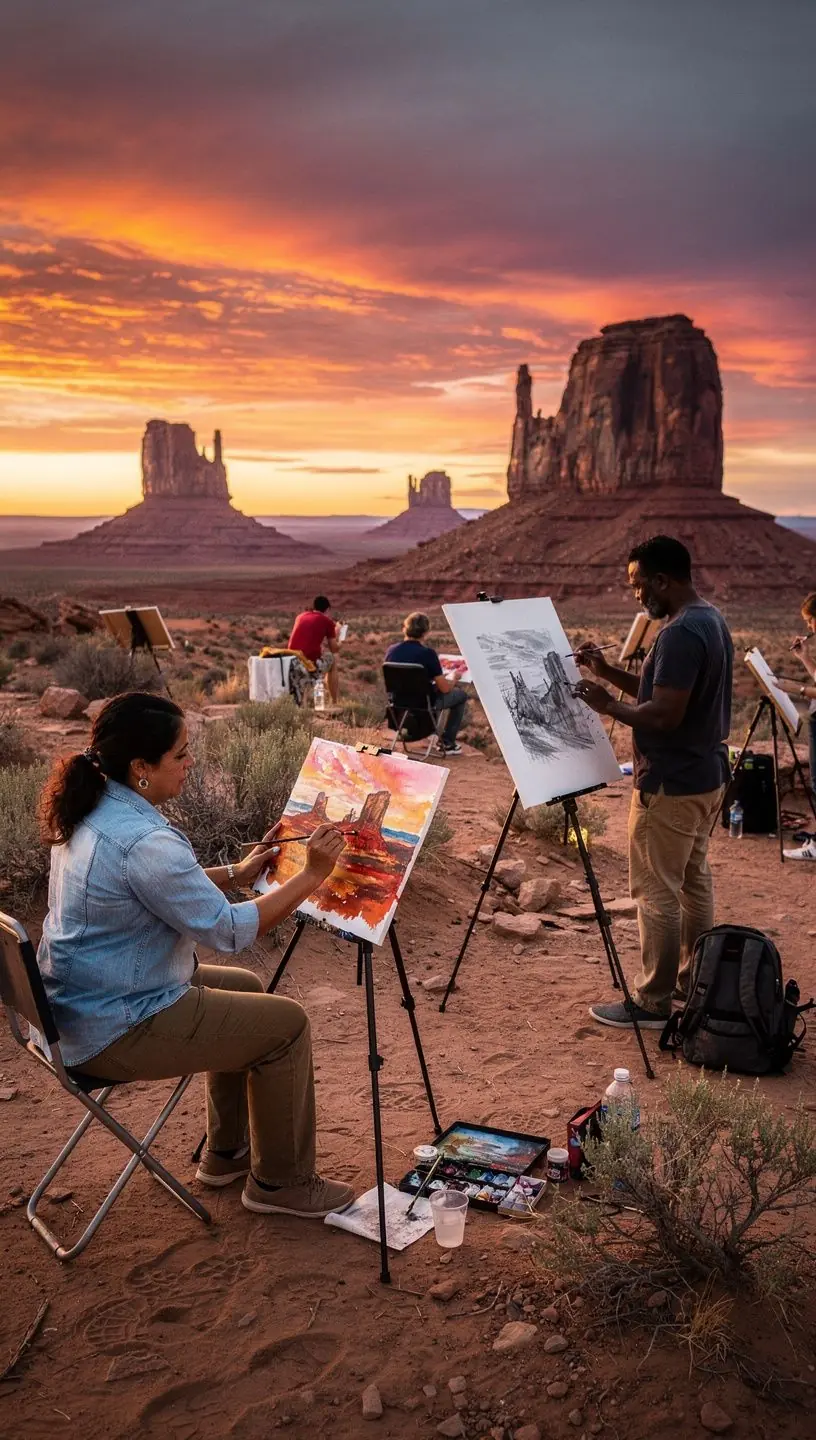 Пейзаж Монументальной Долины на закате с характерными скальными образованиями.